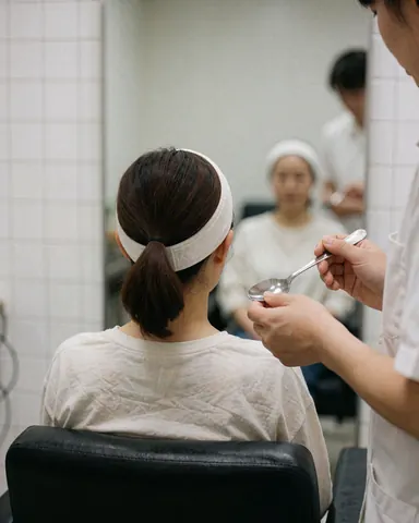 A client wearing a white headband receives a facial treatment with a spatula in a salon with white tiled walls.
