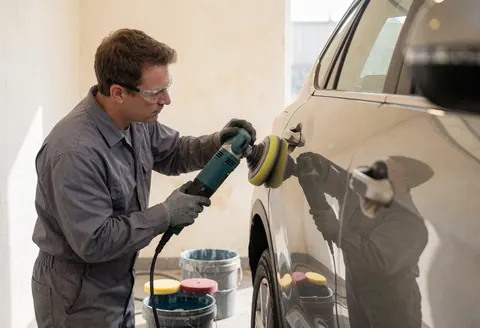 Technician wearing safety glasses using an electric polisher on a car panel in a workshop with water buckets and light walls