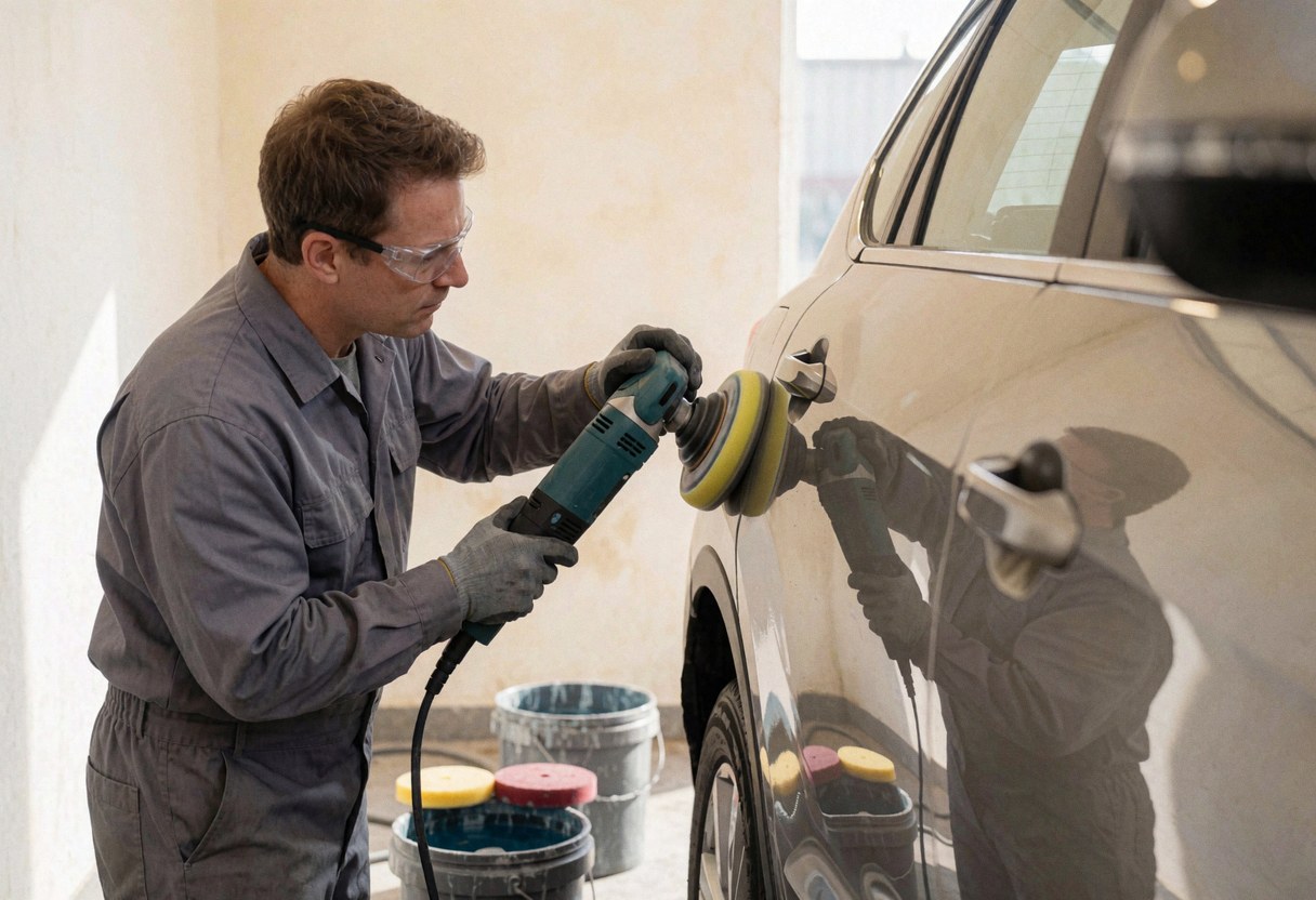 Technician wearing safety glasses using an electric polisher on a car panel in a workshop with water buckets and light walls