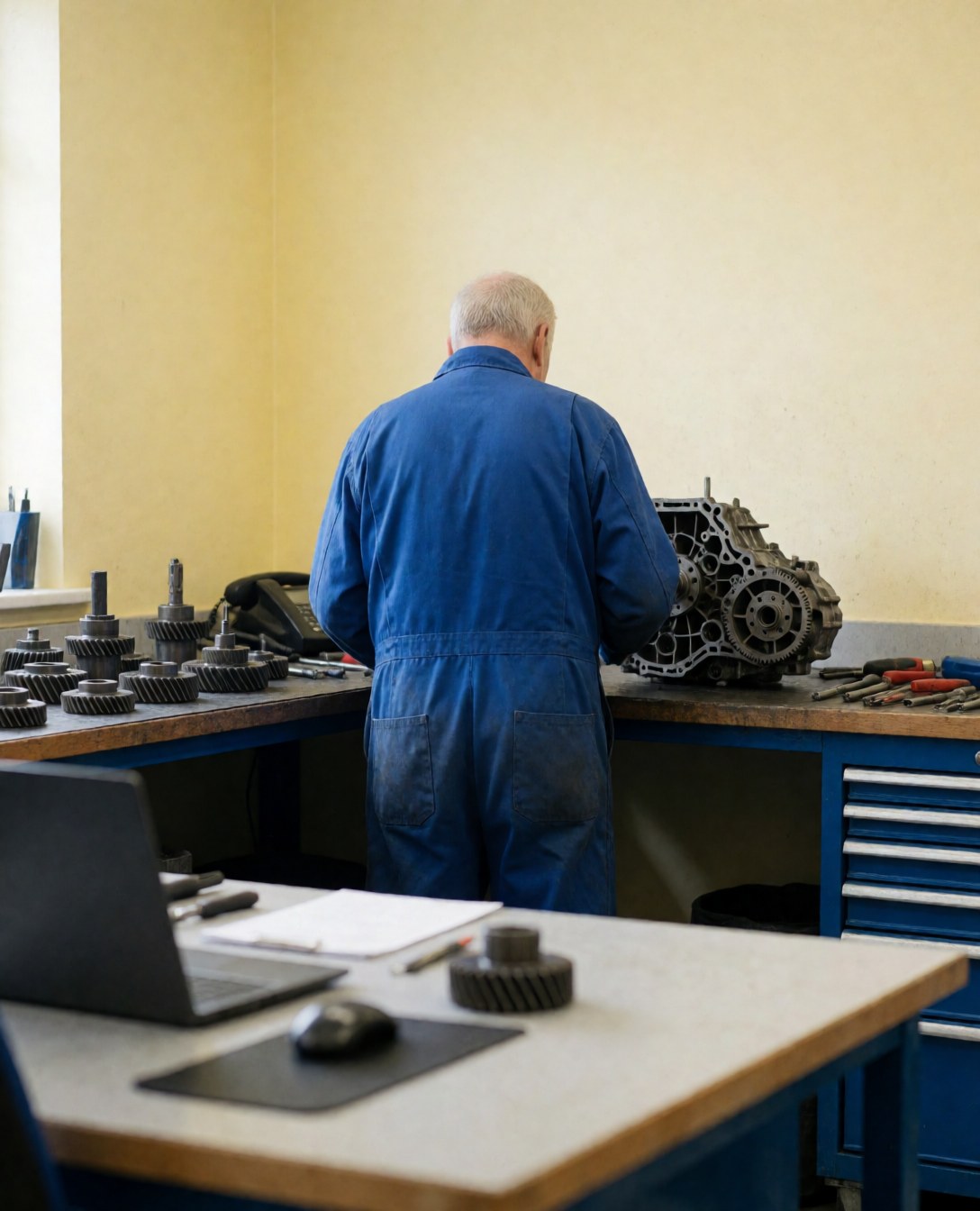 Mechanic repairing transmission in workshop with yellow walls and tools on table
