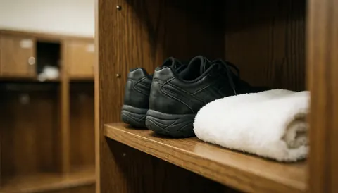 Black volleyball shoes and a rolled white towel on a wooden shelf with blurred sports locker background