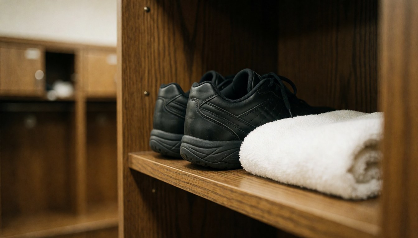 Black volleyball shoes and a rolled white towel on a wooden shelf with blurred sports locker background