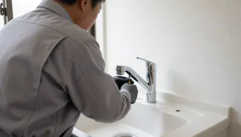 Plumber installing a chrome faucet in a white sink against a white wall during pipe repair service
