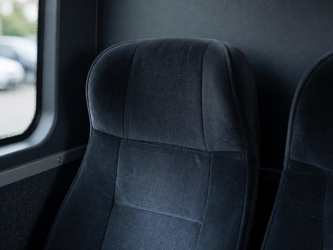 Empty bus seat featuring dark fabric and visible stitching against gray walls with ambient blue lighting, suitable for public transport contexts.
