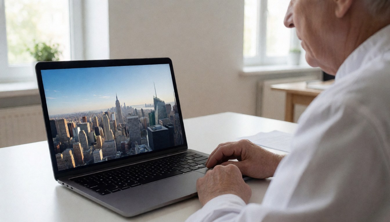 Adult working on a laptop with a panoramic screen in a modern office with natural light and a clean desk