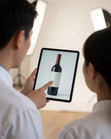 A satisfied client checks a product photo of a bottle on a tablet in a studio with white background