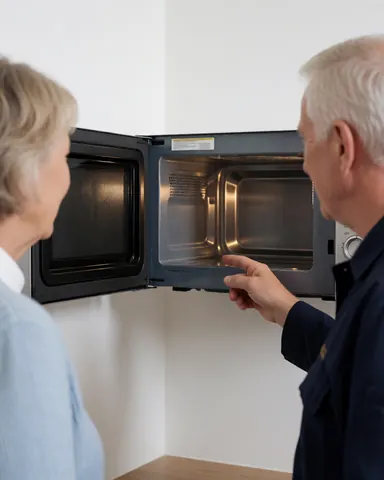 Technician displays the clean interior of a microwave oven to a customer in a bright kitchen with white walls.