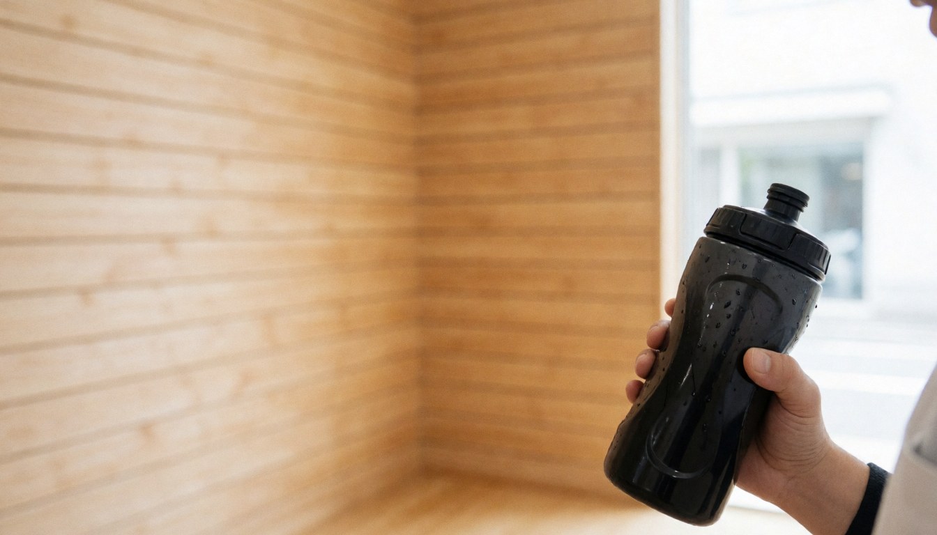 Close-up of a hand gripping a water bottle with condensation drops in a climbing gym featuring light wood walls and natural lighting