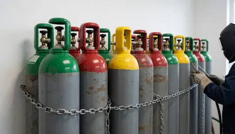 A welder wearing a helmet and gloves works next to a row of gas cylinders with green, red, and yellow caps in an industrial warehouse.