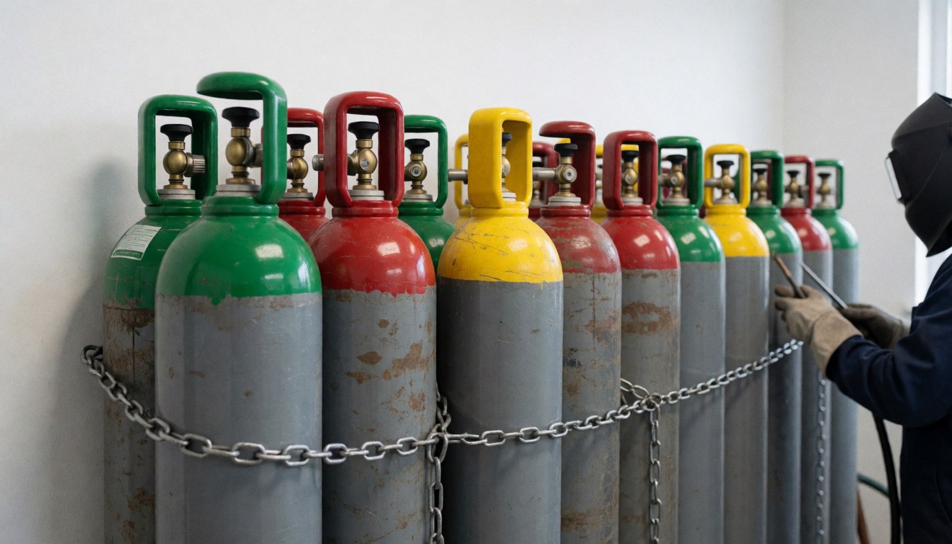 A welder wearing a helmet and gloves works next to a row of gas cylinders with green, red, and yellow caps in an industrial warehouse.