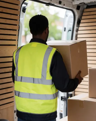 Back view of a worker wearing a reflective vest loading a cardboard box into a van near wooden walls