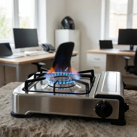 A portable gas stove with a blue flame lit on a rustic stone surface for outdoor cooking.