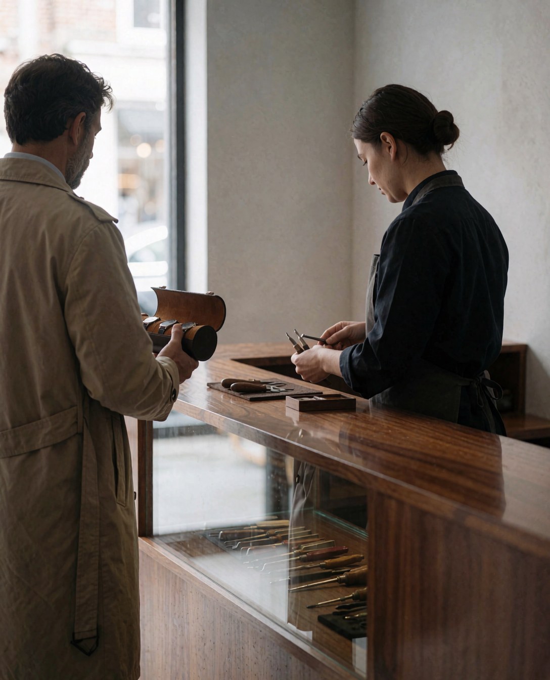 Customer holding a watch box at a watch repair counter with tools and natural light