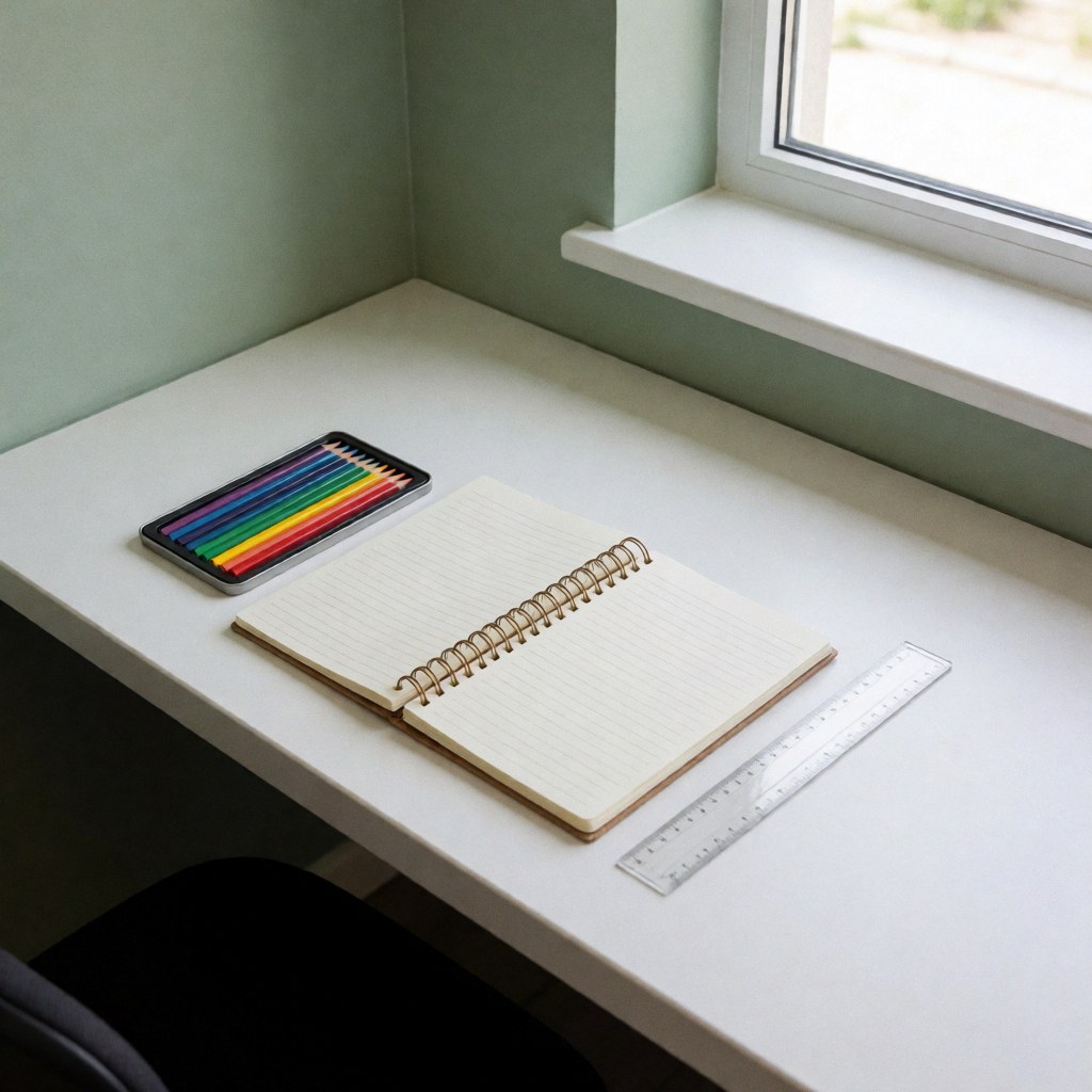 Open spiral notebook with colored pencils and ruler on a white desk near a window with natural light