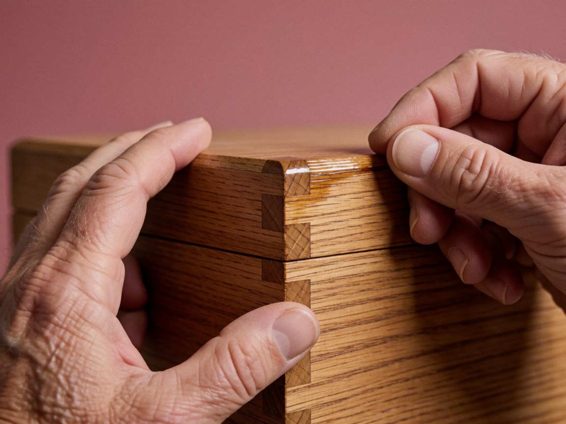 Close-up of hands applying varnish to a beveled wood joint during furniture repair
