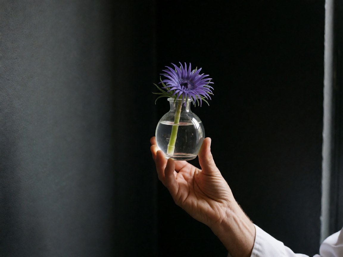 Close-up of a hand holding a clear glass vase with a purple flower against a dark background with focused lighting