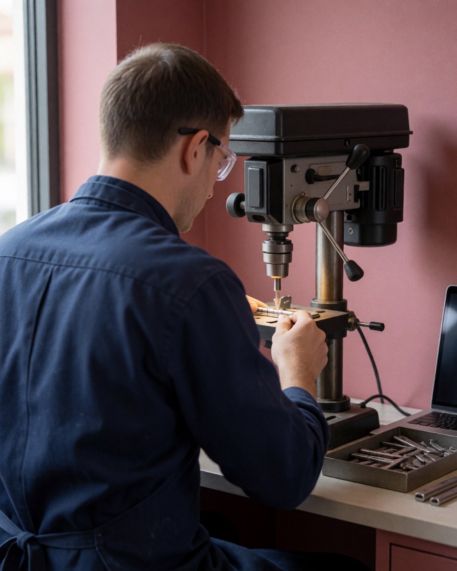 Carpenter wearing safety glasses working on an antique furniture restoration table with a precision tool, pink wall and natural light.