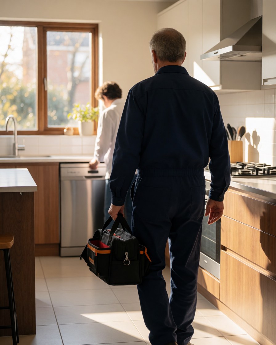 Dishwasher repair technician holding a tool bag in a modern kitchen with wooden cabinets and natural light.