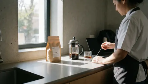 Back view of person making coffee using a French press in a bright modern kitchen with natural light, suitable for vacation rental website hero.