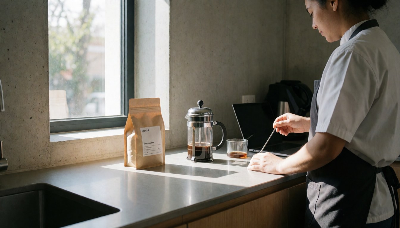 Back view of person making coffee using a French press in a bright modern kitchen with natural light, suitable for vacation rental website hero.