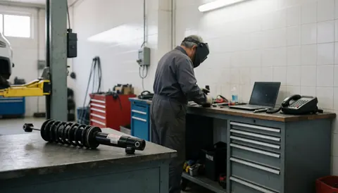 Mechanic repairing a car shock absorber in a workshop with tools and a lift in the background.
