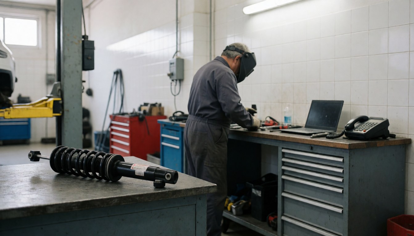 Mechanic repairing a car shock absorber in a workshop with tools and a lift in the background.