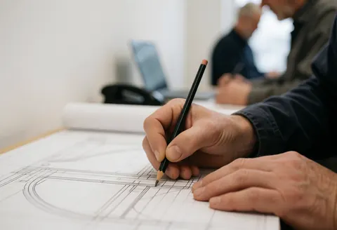 Close-up of a hand sketching joint lines on a wooden blueprint placed on a white table in an office setting