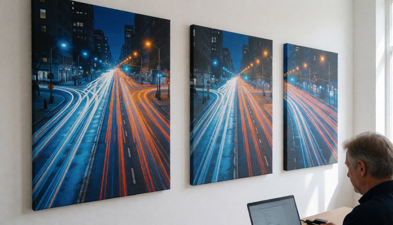 A man works on a laptop in a studio with three light trail canvases on a white wall illuminated by natural light.