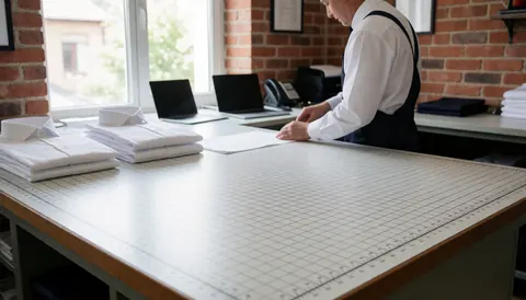 Tailor working on white fabric at cutting table: service photo for shirt menders websites