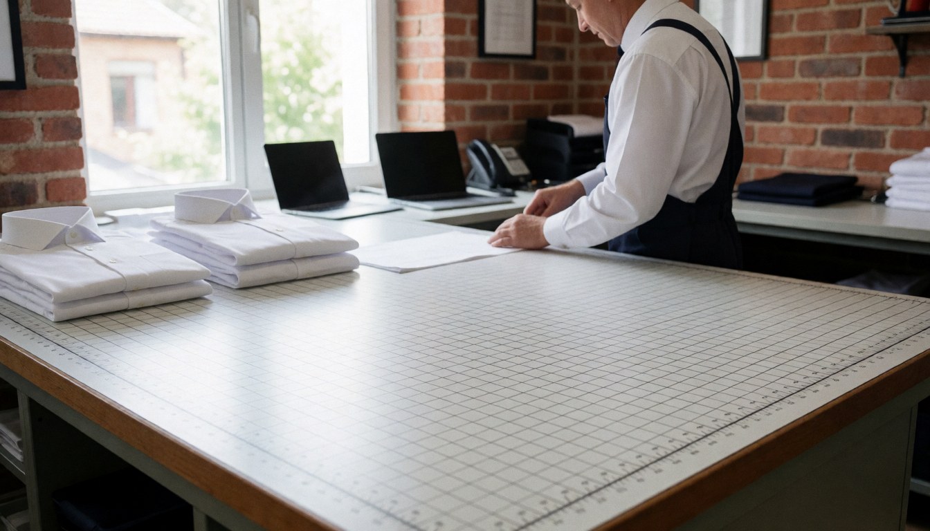 Tailor working on white fabric at cutting table: service photo for shirt menders websites
