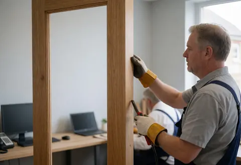 Professional craftsman adjusting a wooden frame with tools in a workshop with gray walls and natural light