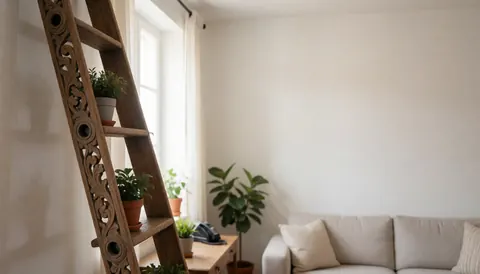 A carved wooden ladder shelf used as a plant stand in a modern living room with a white wall and sofa