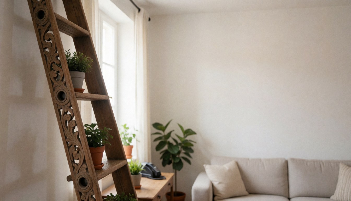A carved wooden ladder shelf used as a plant stand in a modern living room with a white wall and sofa