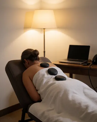 A relaxed client lies on a massage chair with basalt stones on their back, covered by a white towel in a warm, bright room.