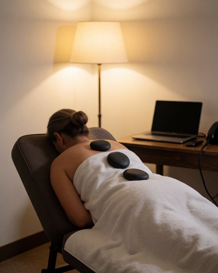 A relaxed client lies on a massage chair with basalt stones on their back, covered by a white towel in a warm, bright room.