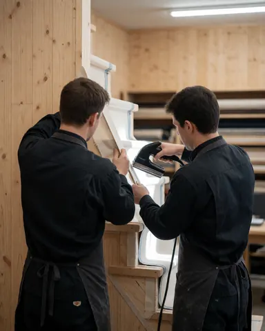 Two upholsterers in uniforms and aprons work on a wooden ladder using a heat tool in a workshop.