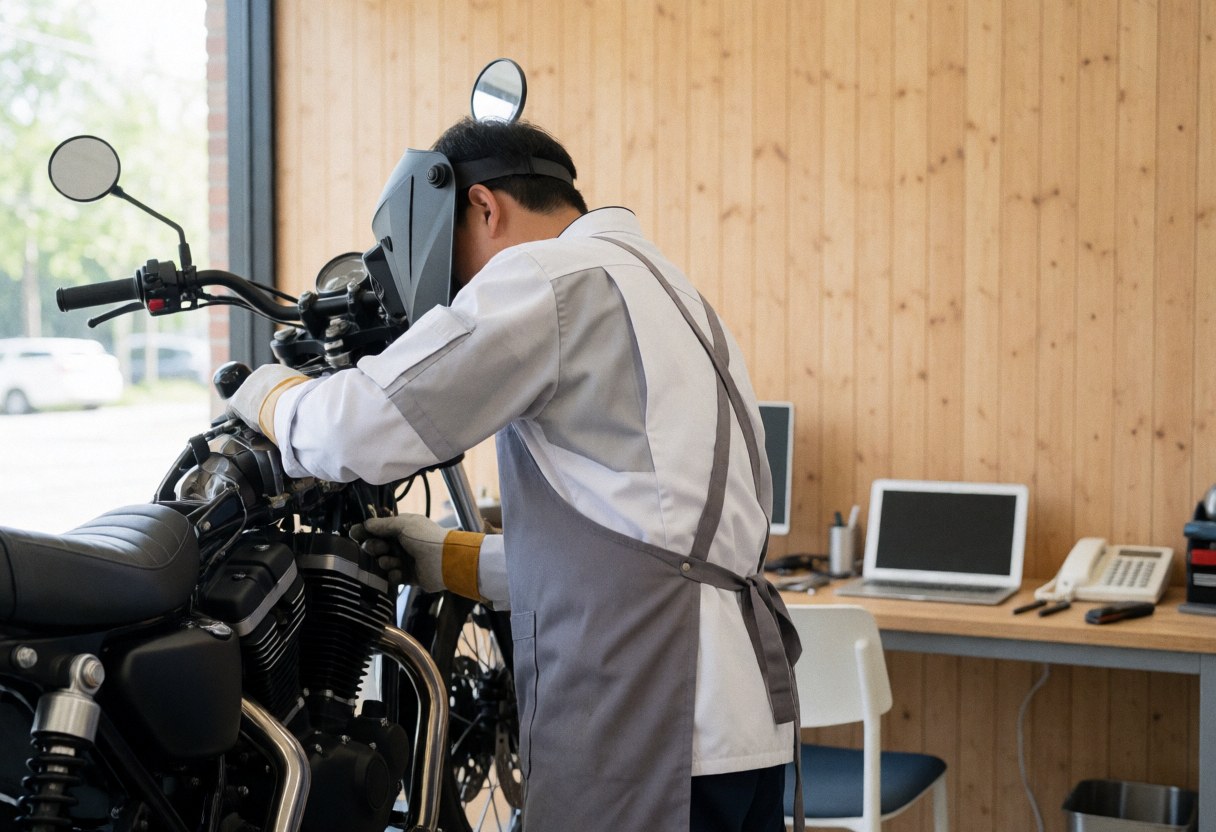 Mechanic wearing gray apron and gloves repairing a motorcycle in a clean workshop with wooden walls