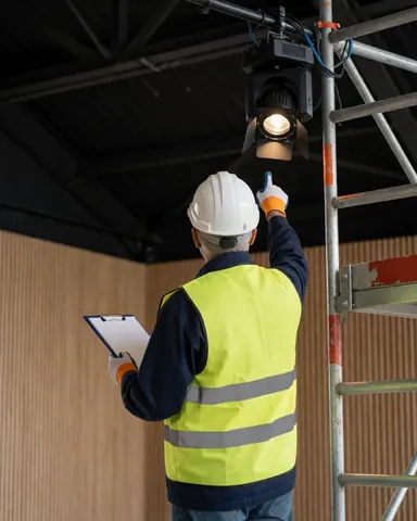 A stage technician wearing a reflective vest and helmet checks a mounted spotlight while standing on scaffolding at an entertainment center.
