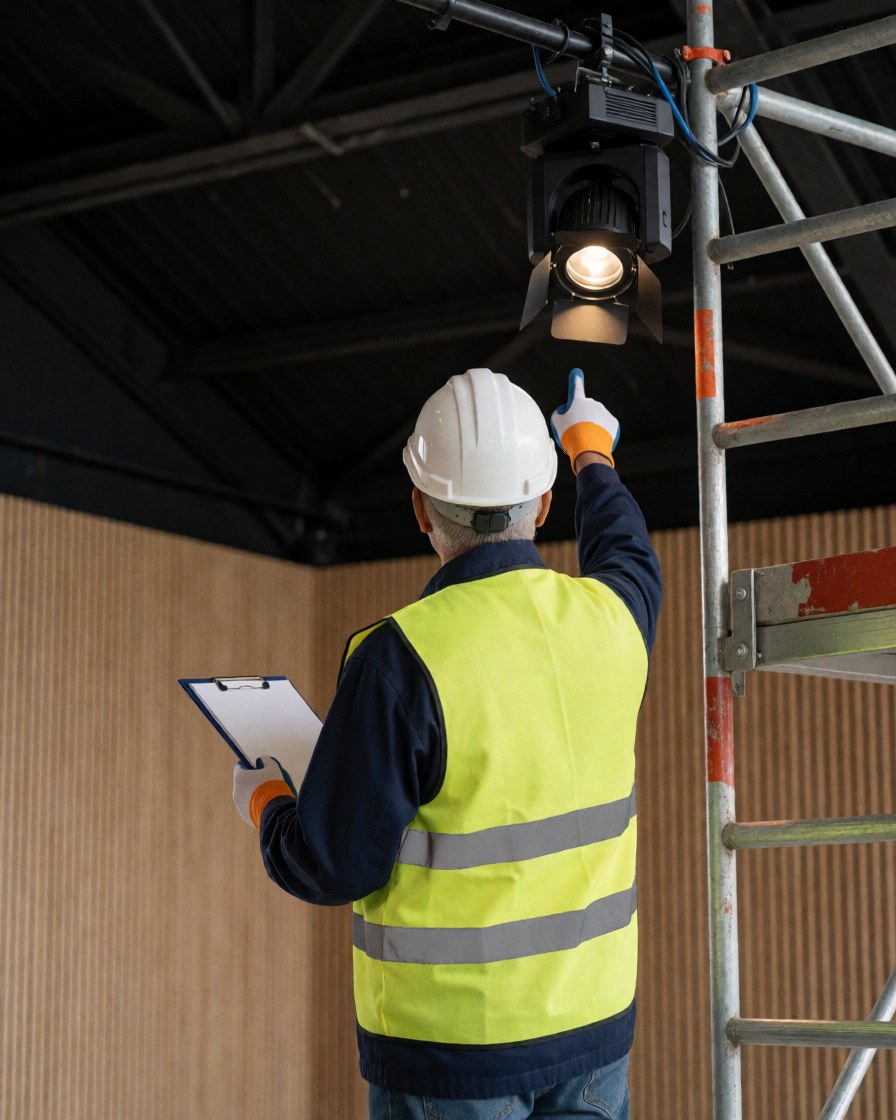 A stage technician wearing a reflective vest and helmet checks a mounted spotlight while standing on scaffolding at an entertainment center.