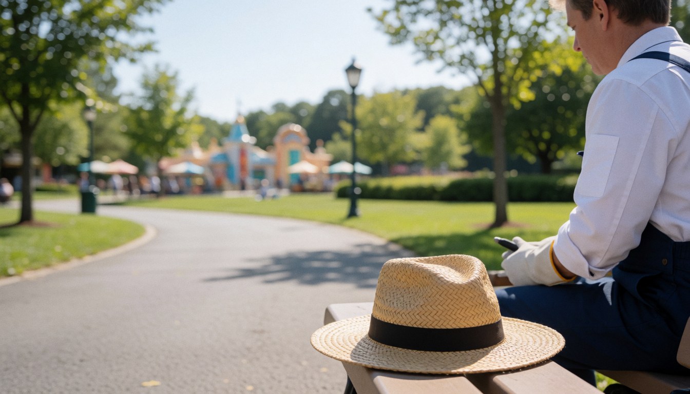 Worker wearing a straw hat sitting on a bench in a theme park with blurred attractions and paths under sunlight