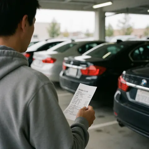 Back view of a person holding a receipt while standing in an outdoor parking lot with several parked cars in the background