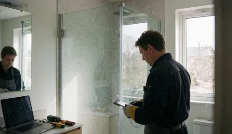 Worker installing a tempered glass shower in a modern bathroom, with tools and a laptop on a table.