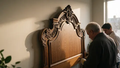 A craftsman works on a wooden bed headboard in a workshop with natural light and a beige wall, leaving space for a title.