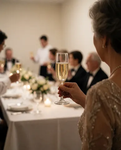 An older woman in an elegant dress sips champagne at a long table with white linens and floral centerpieces during a formal event.