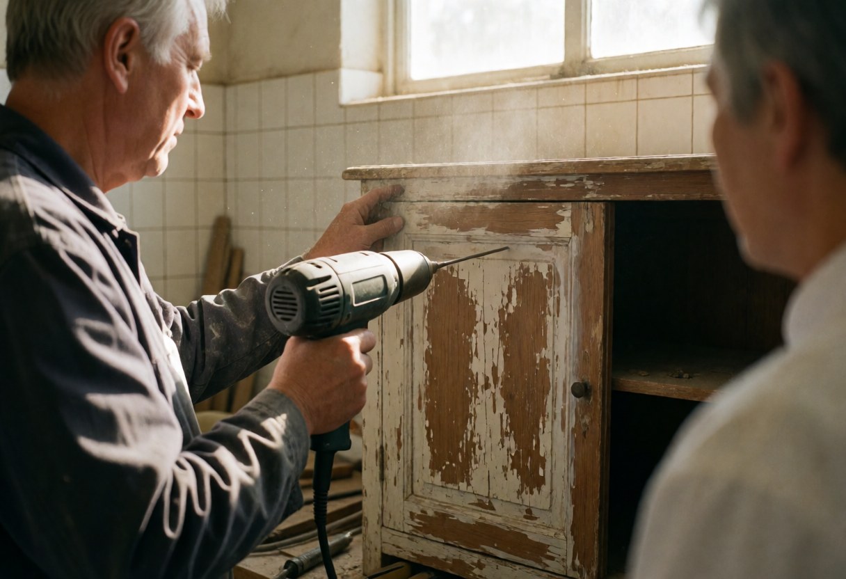 Carpenter restores an antique piece with peeling paint while a client watches from the right side in a tiled workshop with natural light.
