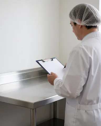Food inspector in white uniform inspecting a shiny stainless steel table in an industrial plant while holding an inspection notebook.