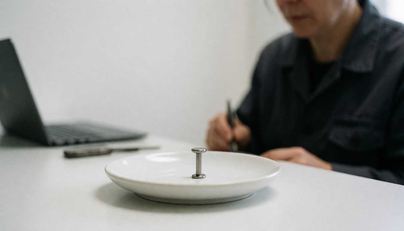Close-up of a titanium labret piercing resting on a white ceramic plate with soft lighting