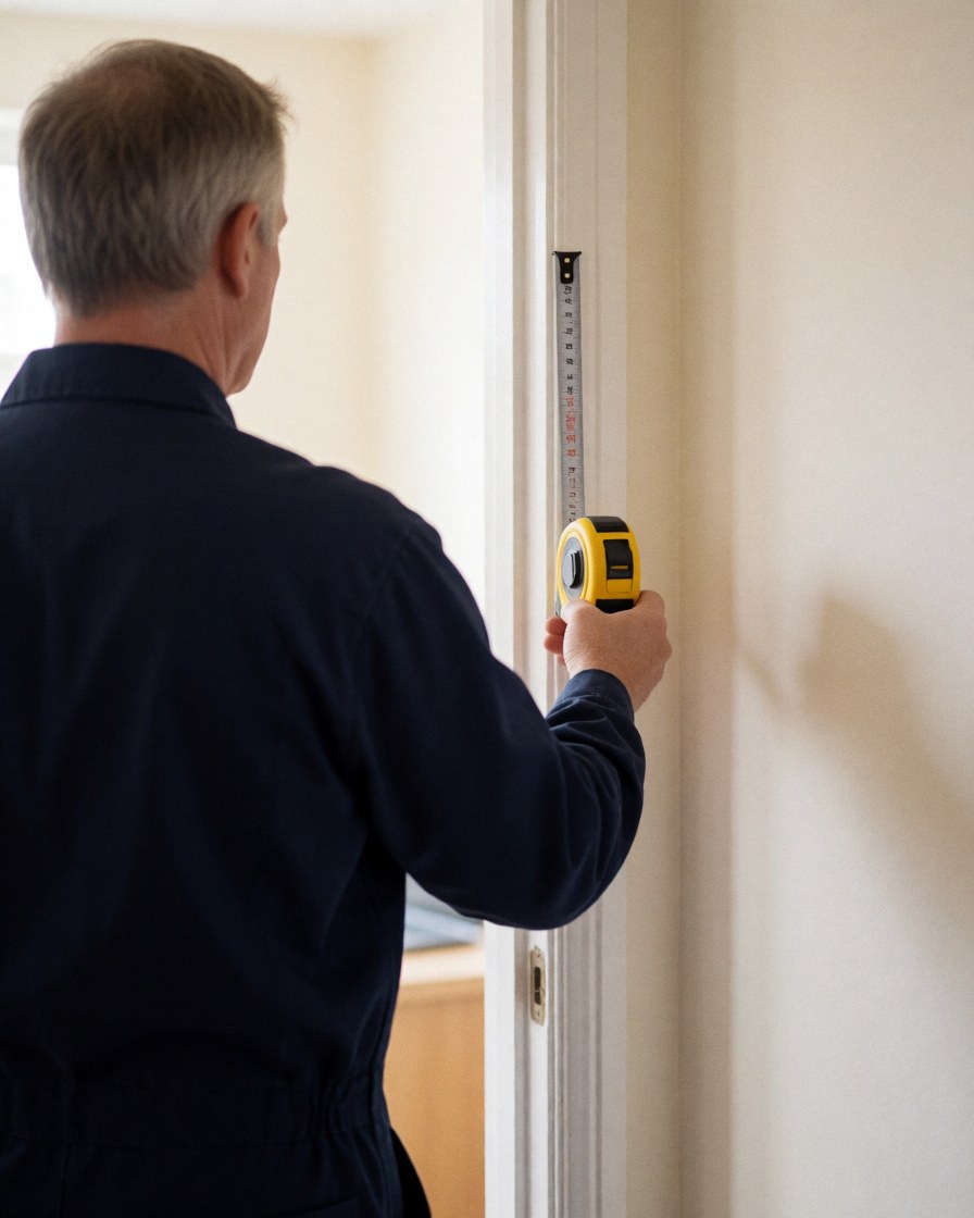 Professional installer uses a tape measure to check the height of a white door frame in a room with warm white walls and natural light.
