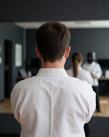 Back view of a martial arts student wearing a white dobok in a dojo with mirrors and gray walls