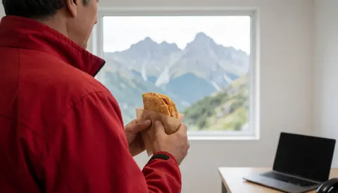 A man inside a mountain hut holds a hot empanada while looking at the mountains through a large window.